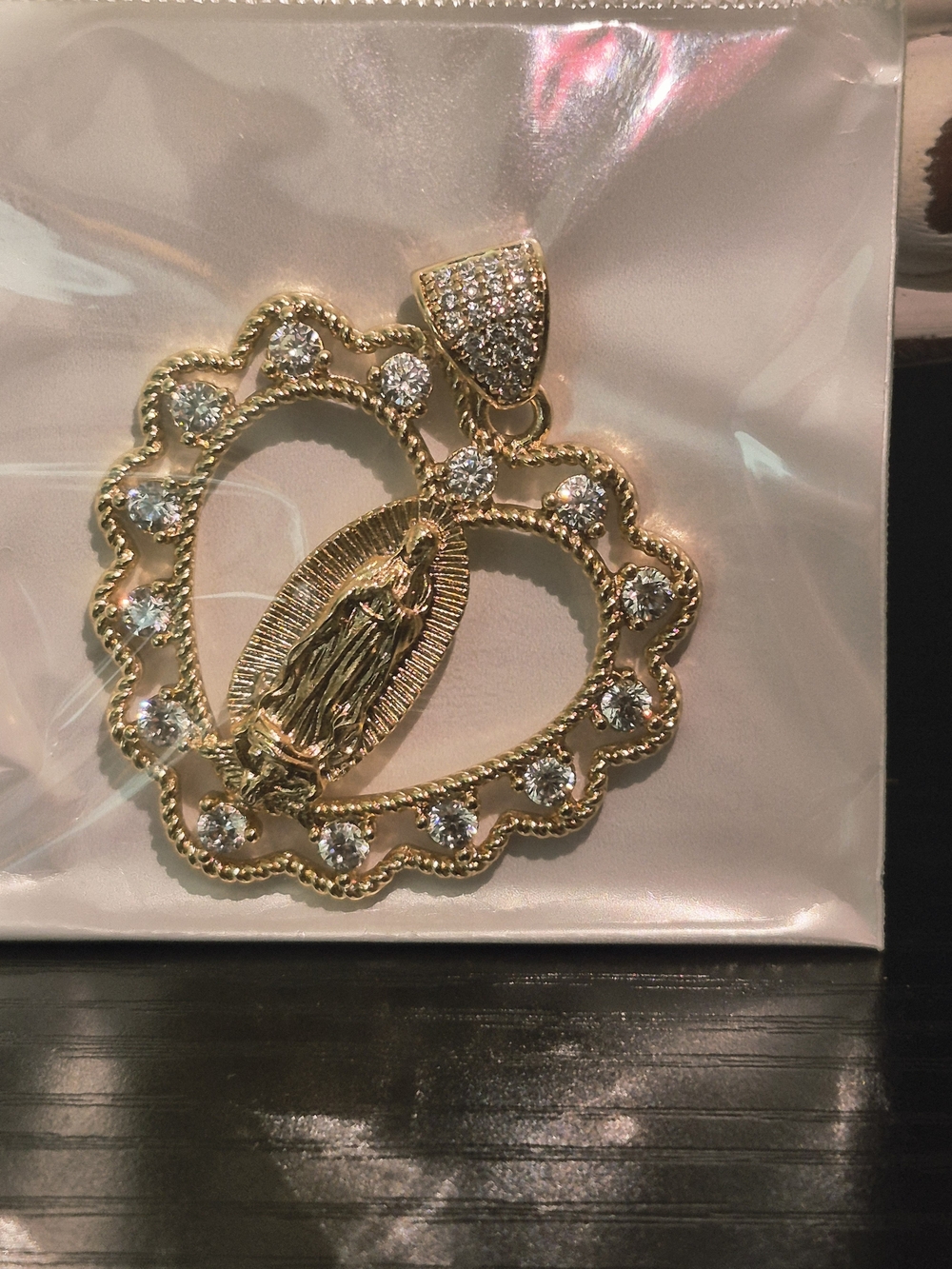 Gold Plated Heart Pendant with Clear Stones - Virgin Mary Medallion